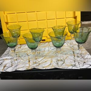 Vintage Green Fluted Ball-Stem Wine Glasses